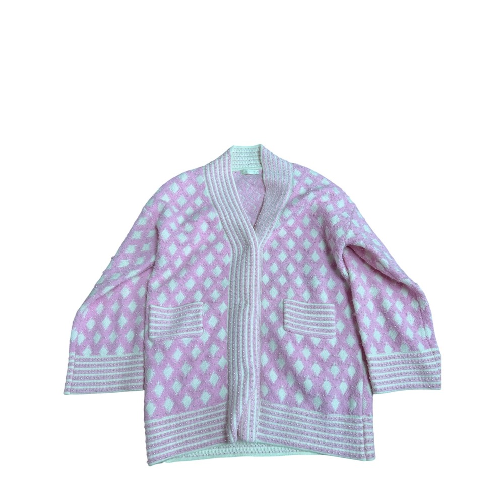 Vita Grace Pink White Diamond Pearl Embellished Cardigan Sweater Women OS